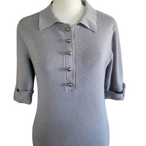 INC | Women's Grey Short Sleeve Sweater Top with Silver Buttons | Large